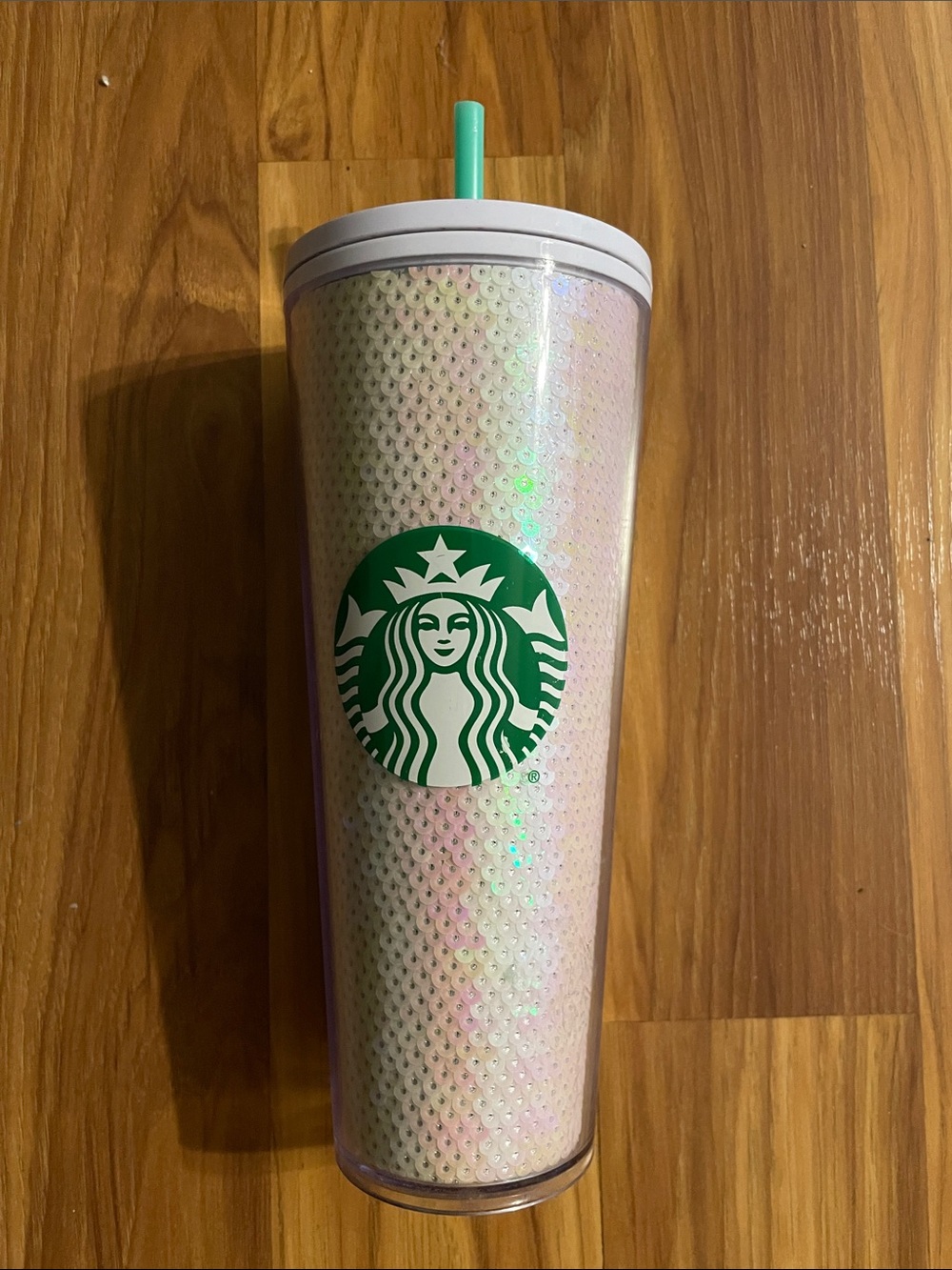 Starbucks Iridescent White Sequin Tumbler with Green Logo and Mint Straw